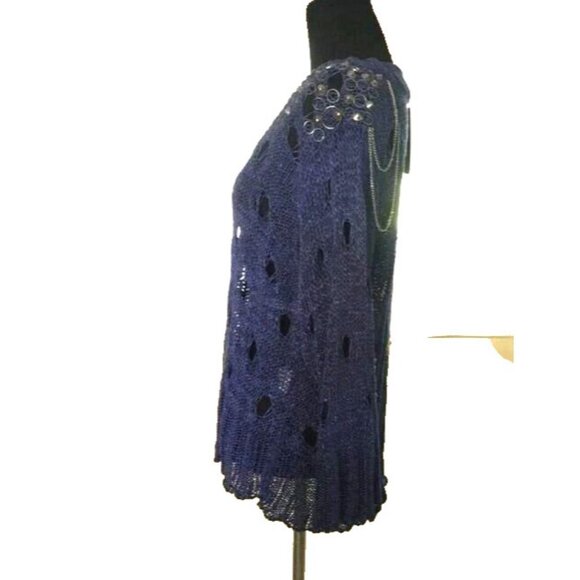 Roberto Cavalli VTG Sweater Designer Open Knit Embellished Sweater Navy Sz M NEW - Picture 3 of 8